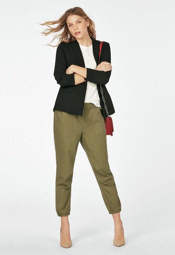 Casual Office Outfit: Black Blazer & Olive Joggers